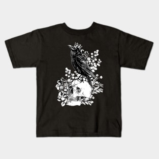 Black raven with skull and crow, skeleton eucaliptus leaves, black and white Kids T-Shirt